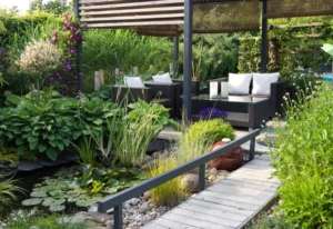 A-Modern-Furnished-Patio-and-Pergola-With-A-Small-Pond,-Water-Lilys,-Hostas-And-Clematis A Modern Furnished Patio and Pergola With A Small Pond, Water Lilys, Hostas And Clematis